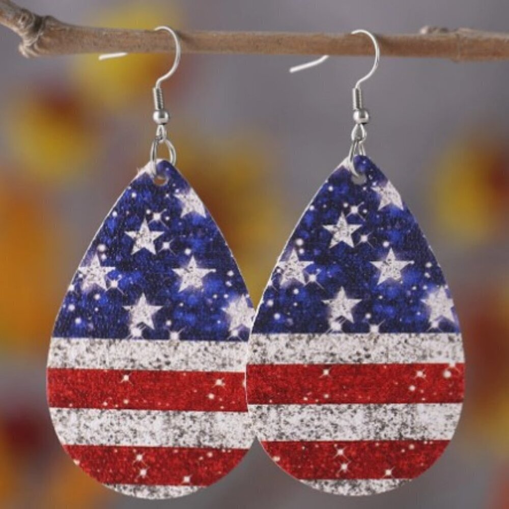 Patriotic American Flag Acrylic Dangle Earrings Water Drop Design Lightweight